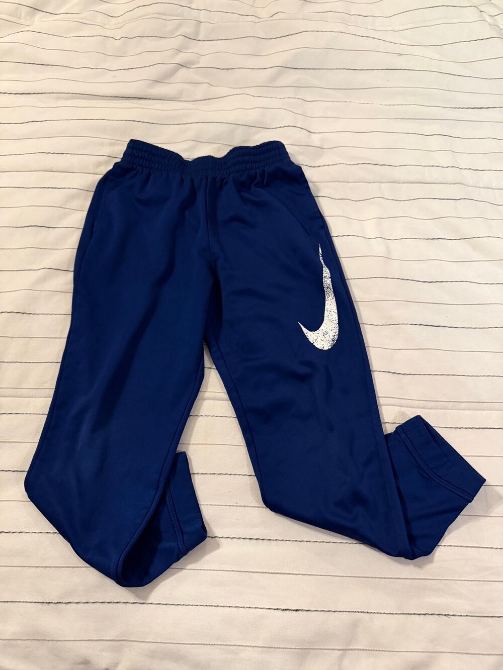 Nike Boys Blue Athletic Pants - White Swoosh Logo Design- L